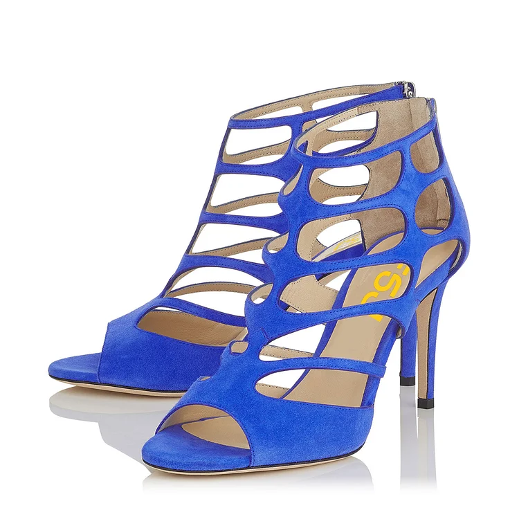 Women's Blue Hollow-out Peep Toe Stiletto Heels Formal Shoes |FSJ Shoes