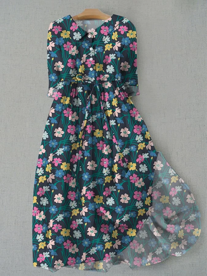 Women's Vintage Floral Design Printed Lace-Up Dress