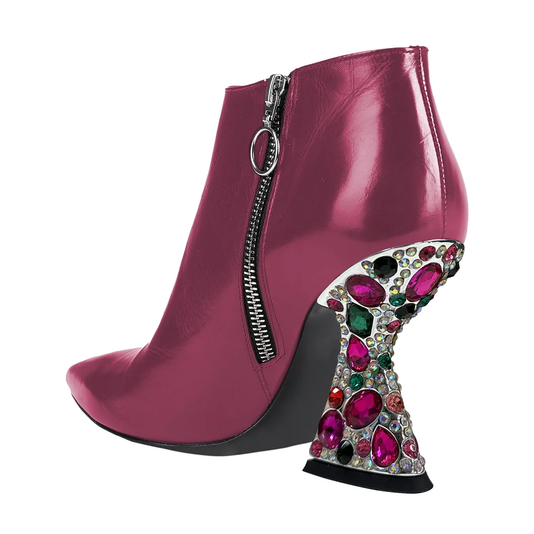 Shiny Vegan Leather Side-Zip Decorative Heel Ankle Boots in Magenta