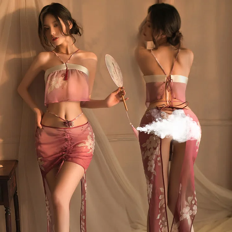 Vintage Han Costume Blossom Print Lace Up Lingerie Set - Modakawa modakawa