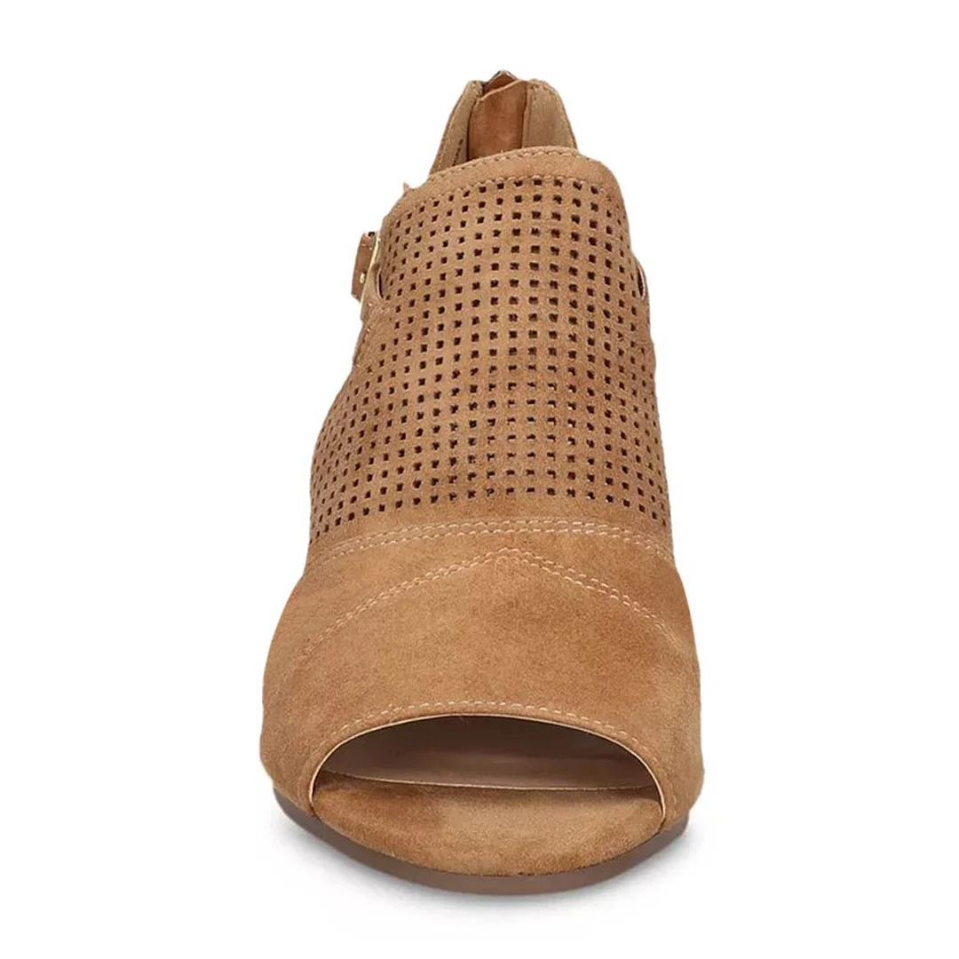 Women's Brown Perforated Cut-Out Low Heel Open Toe Booties for Summer