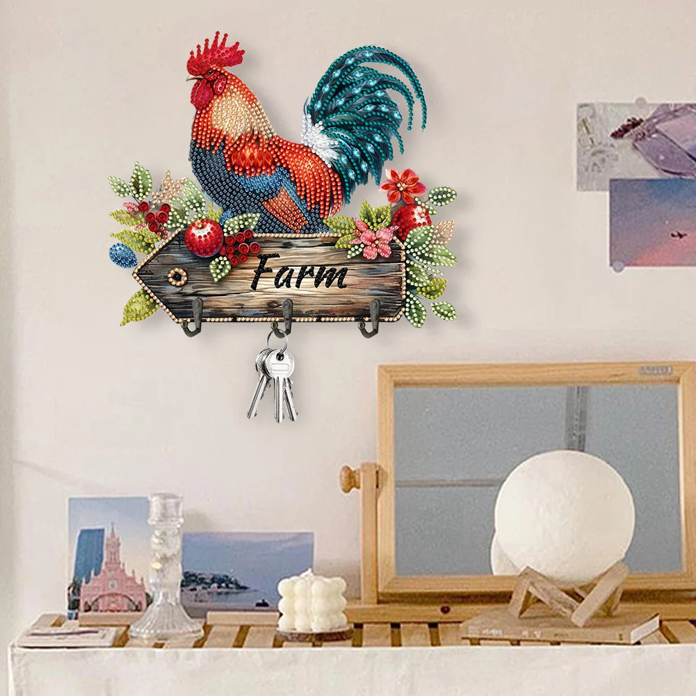 DIY Farm Rooster Wooden Diamond Painting Hanging Hooks for Beginners Adults(24*20cm)