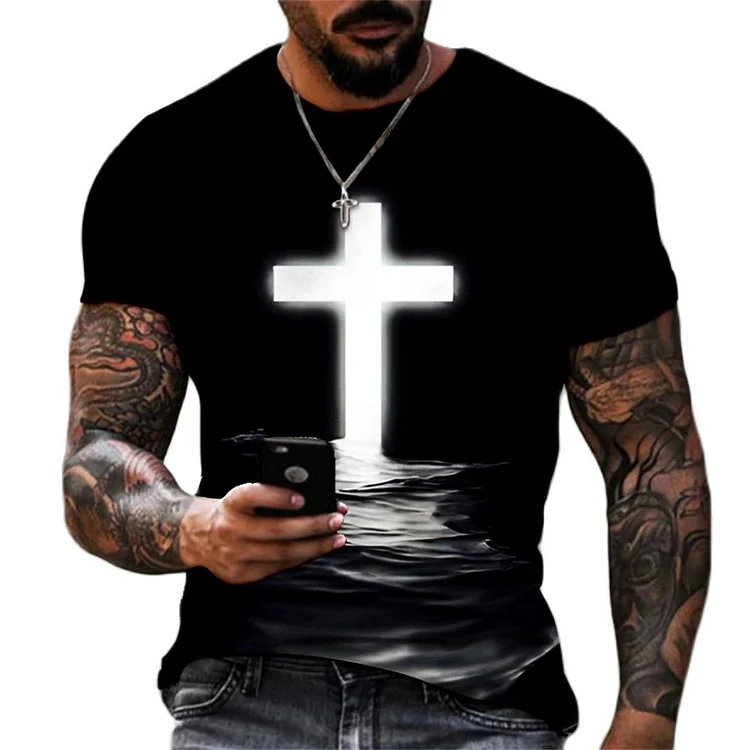 Vintage Cross 3D Print Men's Short Sleeve T-shirts at Hiphopee