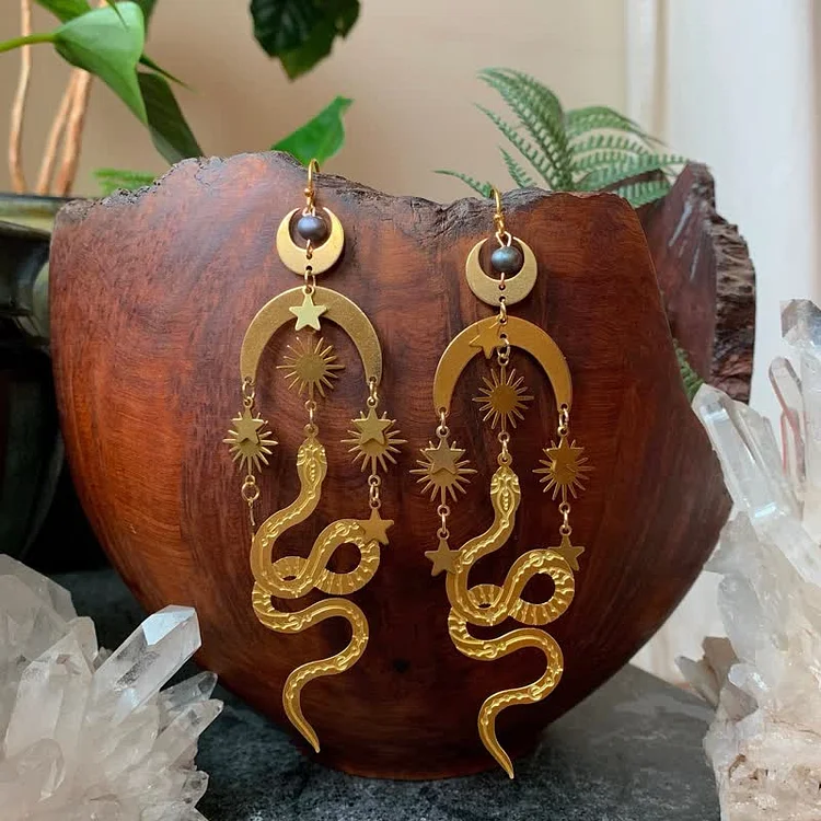 Olivenorma Bohemia Tahitian Pearl Gold Moon Snake Earrings
