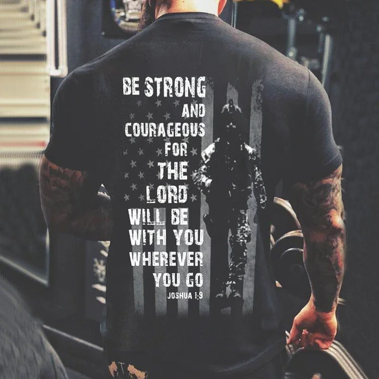 be strong and courageous letter Mens Fashion Sleeve Print Short Pullover