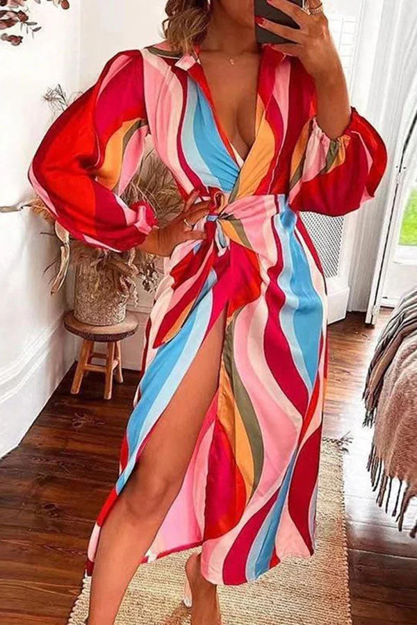 Color Block Striped Modern Lace-Up Midi Dress