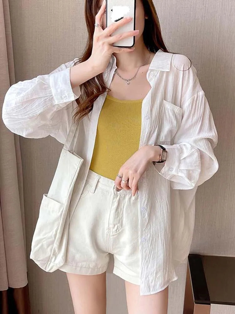 OLCooL White Ice Silk Shirt Women Korean Fashion Casual Sunscreen Cardigan Blouses Ladies Summer Long Sleeve Sun Protection Thin Tops olcool