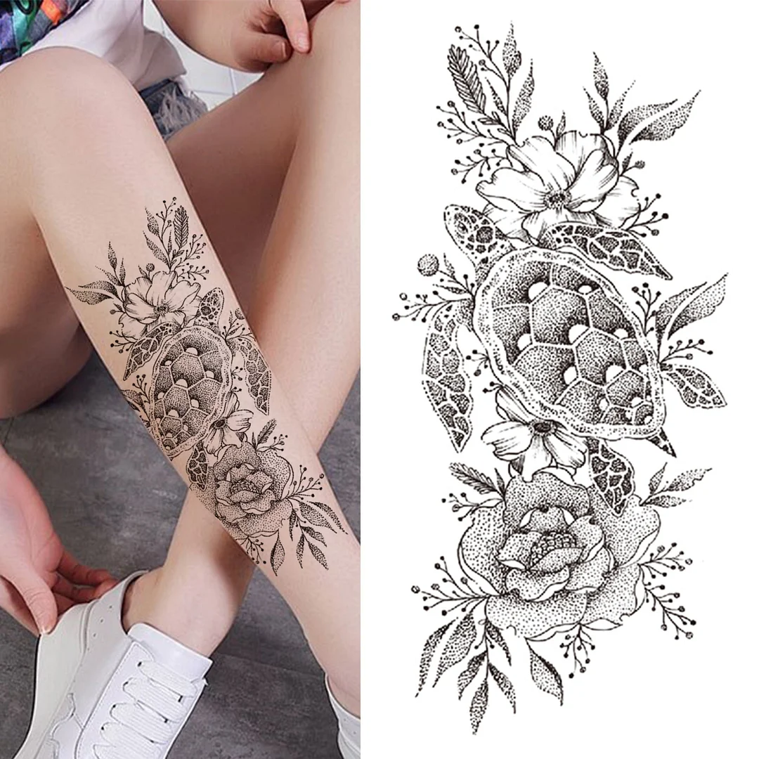 Black 3D Rose Temporary Tattoo For Women Girls Adult Peony Dahlia Flower Tattoos Sticker Black Flora Glory Geometric Arm Tatoos