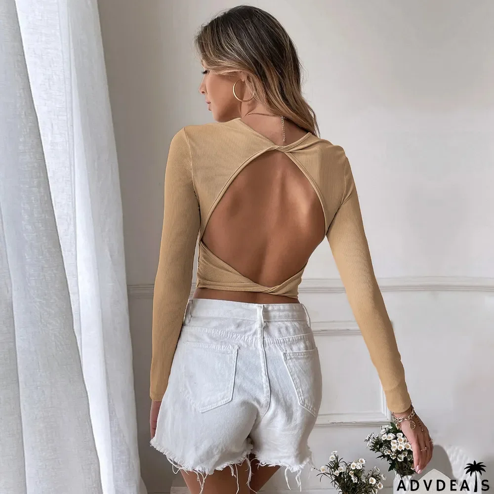 Women's Sexy Low Back Casual Cropped Slim Fit Knitting Long Sleeve T-Shirt Top Basic Outdoor Wear