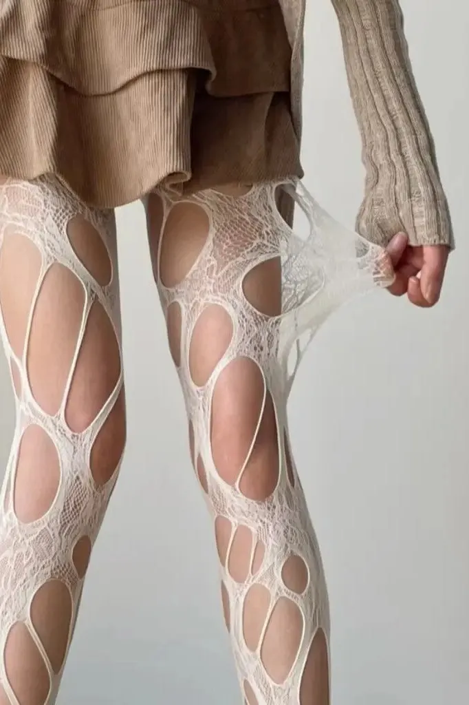 Dark Gothic Punk Torn Fishnet Lace High Socks