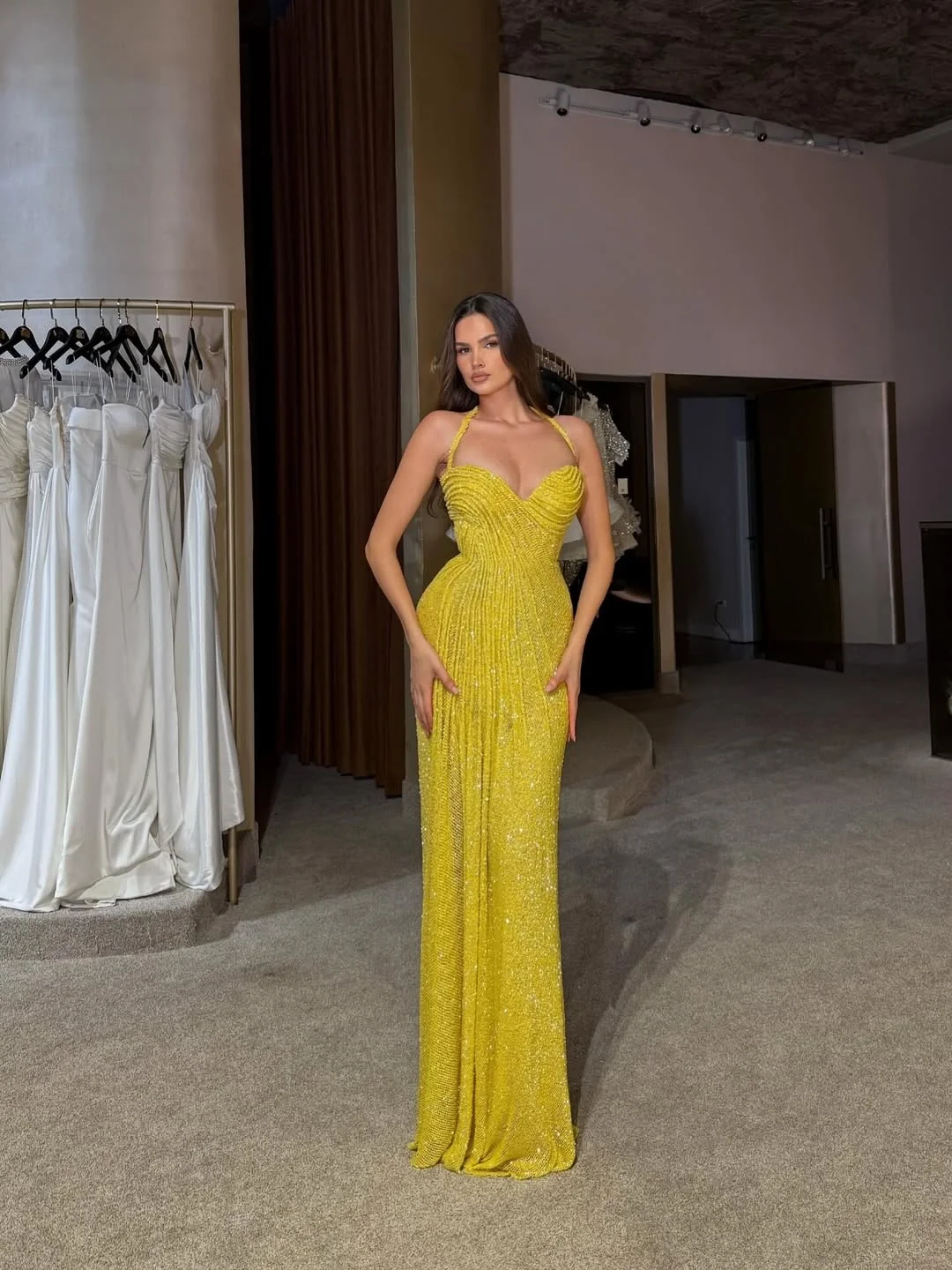 Elegant Yellow Pleated Halter Strap Sleeveless Prom Dress YK0226