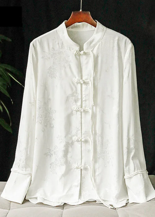 Stylish White Mandarin Collar Button Shirt Long Sleeve