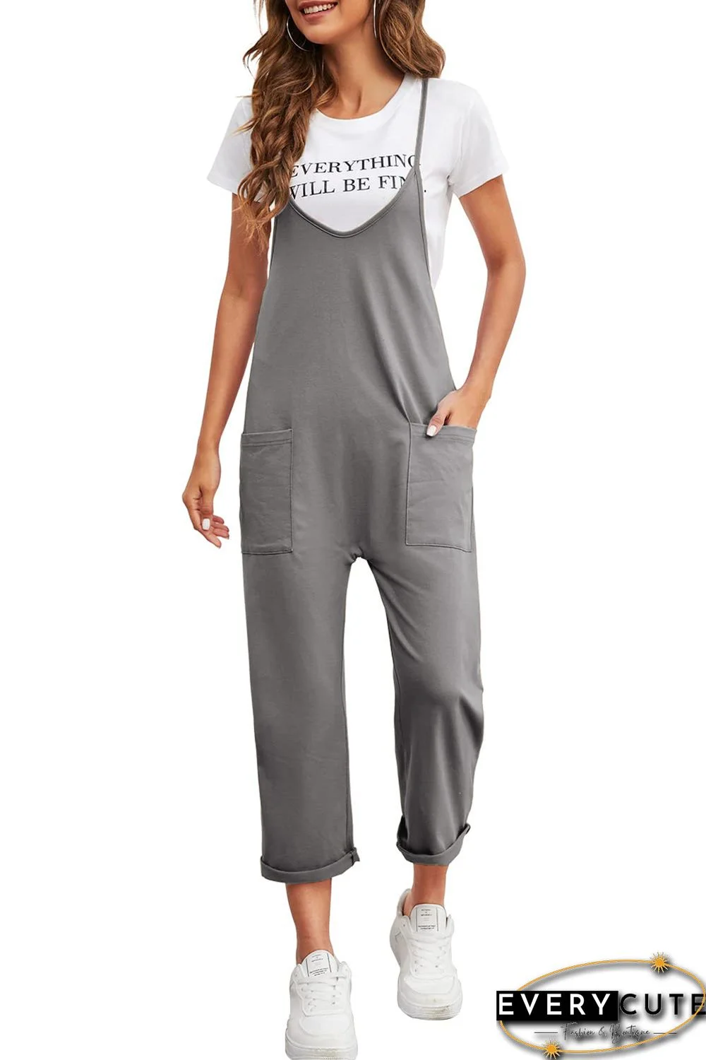 Gray Black Pocketed Adjustable Spaghetti Strap Straight Leg Jumpsuit