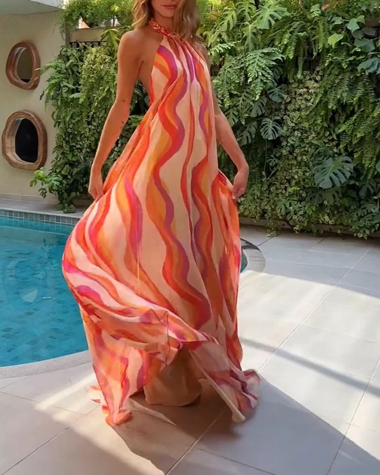 Women's printed halterneck backless holiday dress