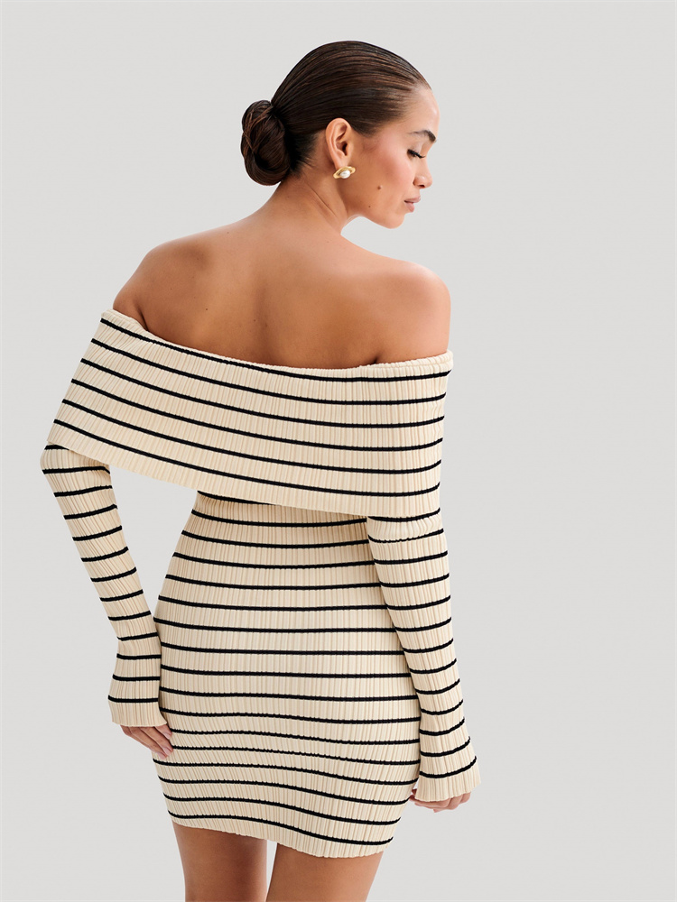 Ootddress Striped Knit Sweater Mini Dress For Women Bandeau Backless Elegant Fashion Summer Contrast Party Dress Knitwear Mini Dress