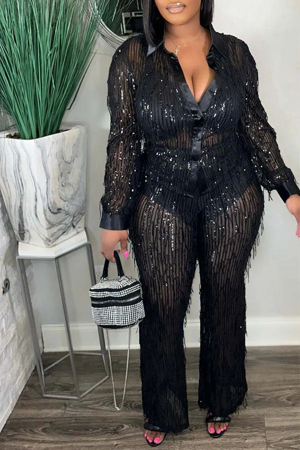 Solid Color Sequined Tassel Sparkly Pant Suit