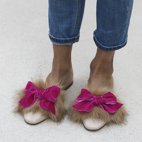 White & Brown Furry Faux Fur Flat Mules with Velvet Bow Decor Nicepairs