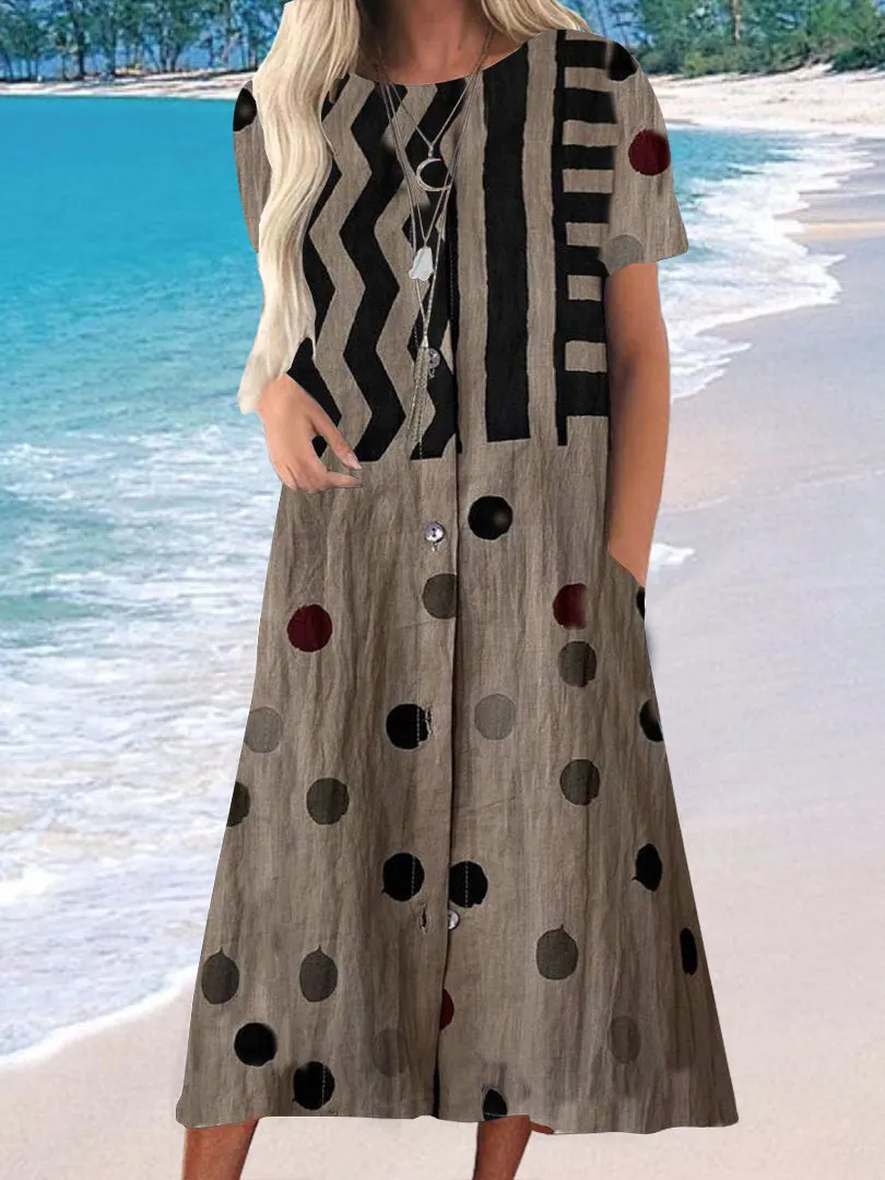 Women's Dark Brown Scoop Neck Short Sleeve Printed Maxi Dress