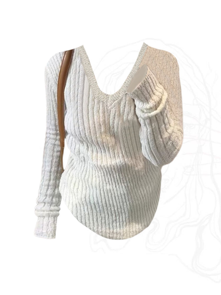 Korean Fashion Simple White Knitted Jumper Vintage V-Neck Long Sleeve Classical Pullovers Mori Girl Sweater Chic Y2K Streetwear