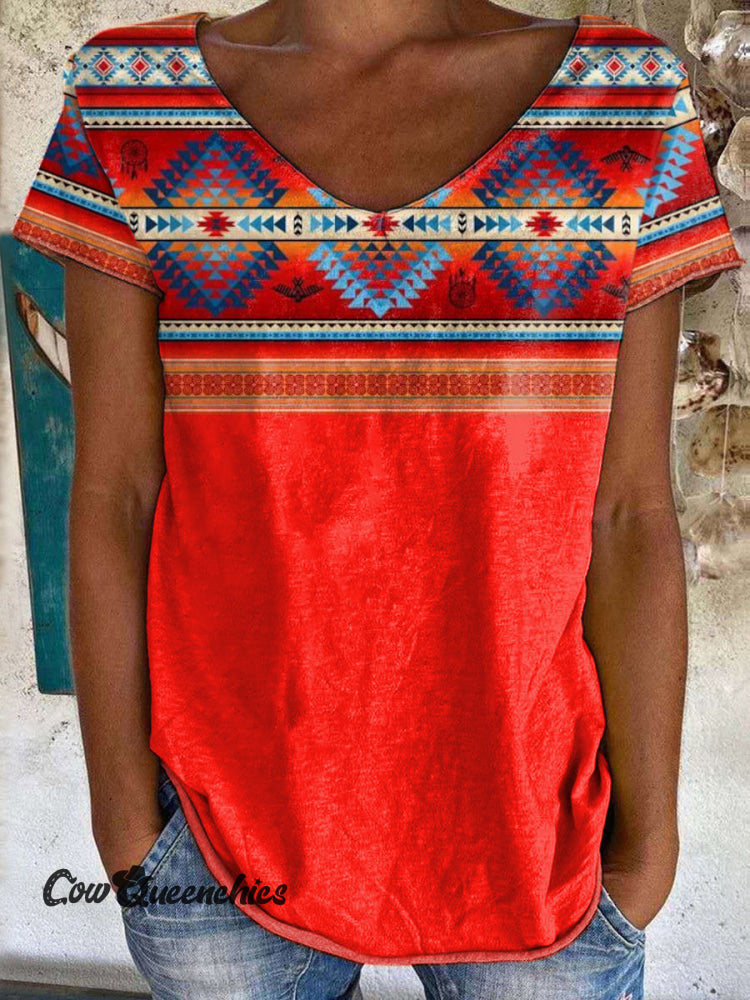 Vintage Aztec Art Print 100% Cotton Crew Tee T-Shirt Multicolor / S