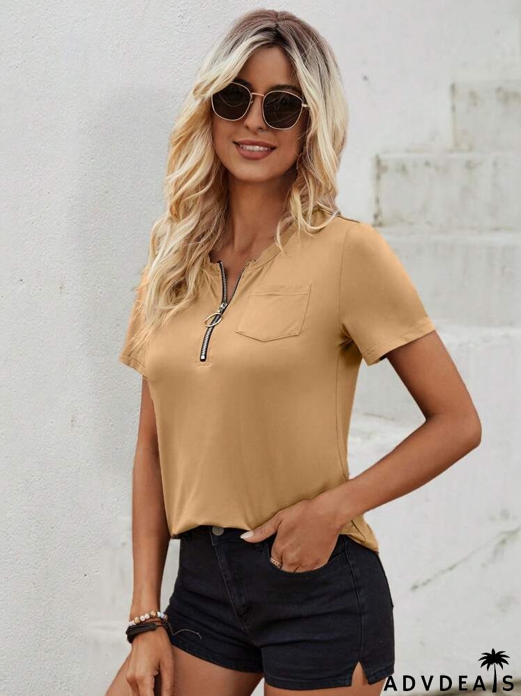 Half Zip Pocket Patched Tee