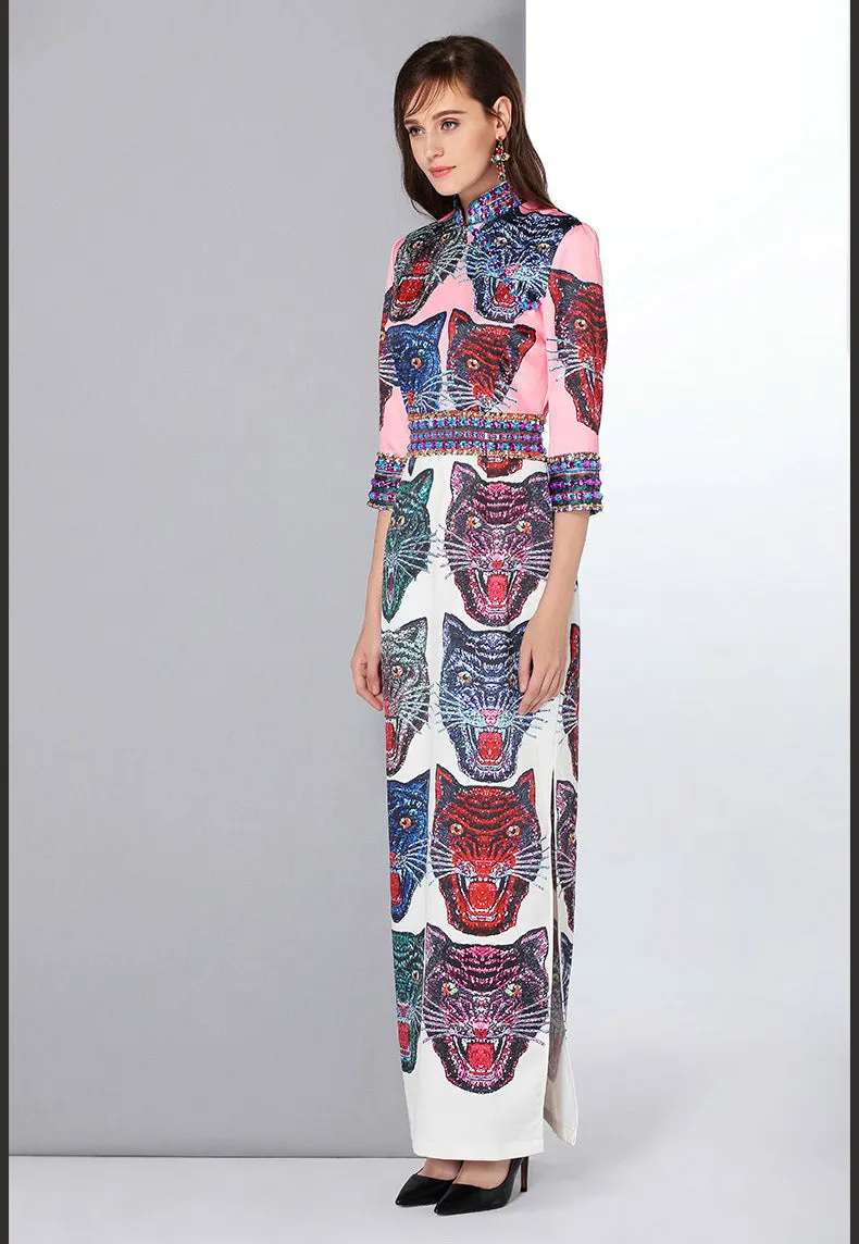 New Arrival Womens Stand Collar Sleeves Beaded Cartoons Printed Side Split Designer
