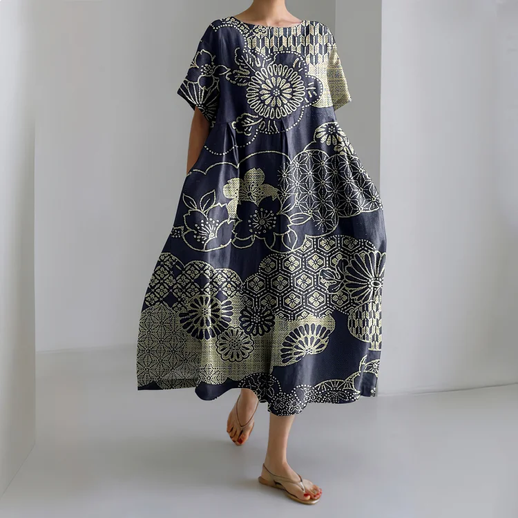 VChics Vintage Japanese Art Print Short Sleeve Loose Midi Dress