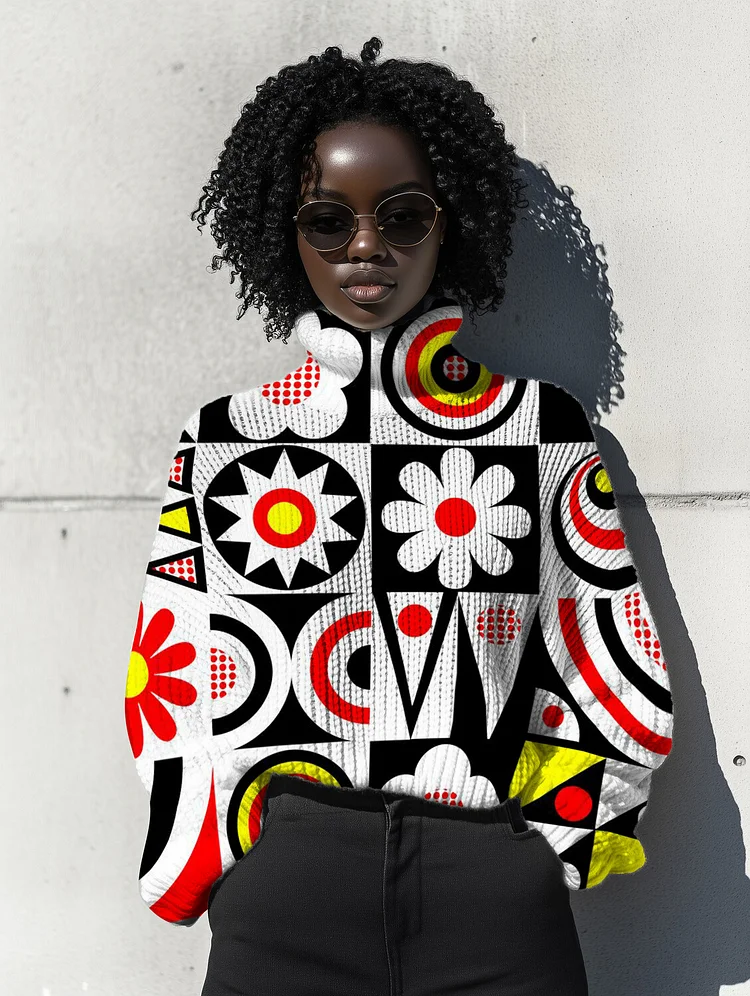 Women's Geometric Pattern Floral Print High Neck Knit Sweatshirt