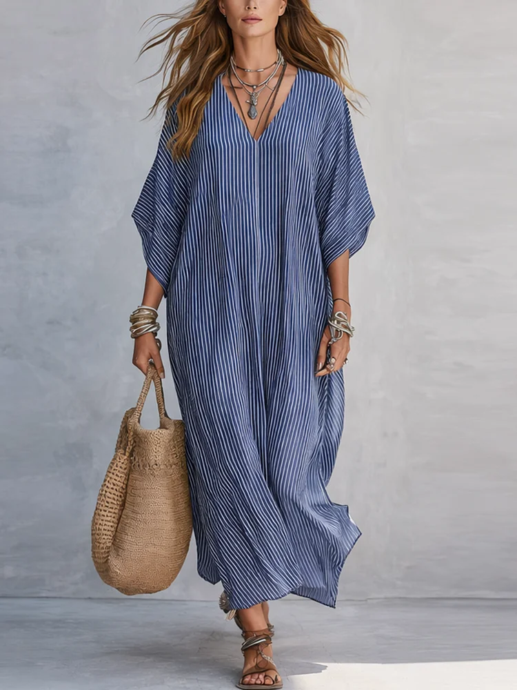 Blue Pinstripe Minimalist Long Dress