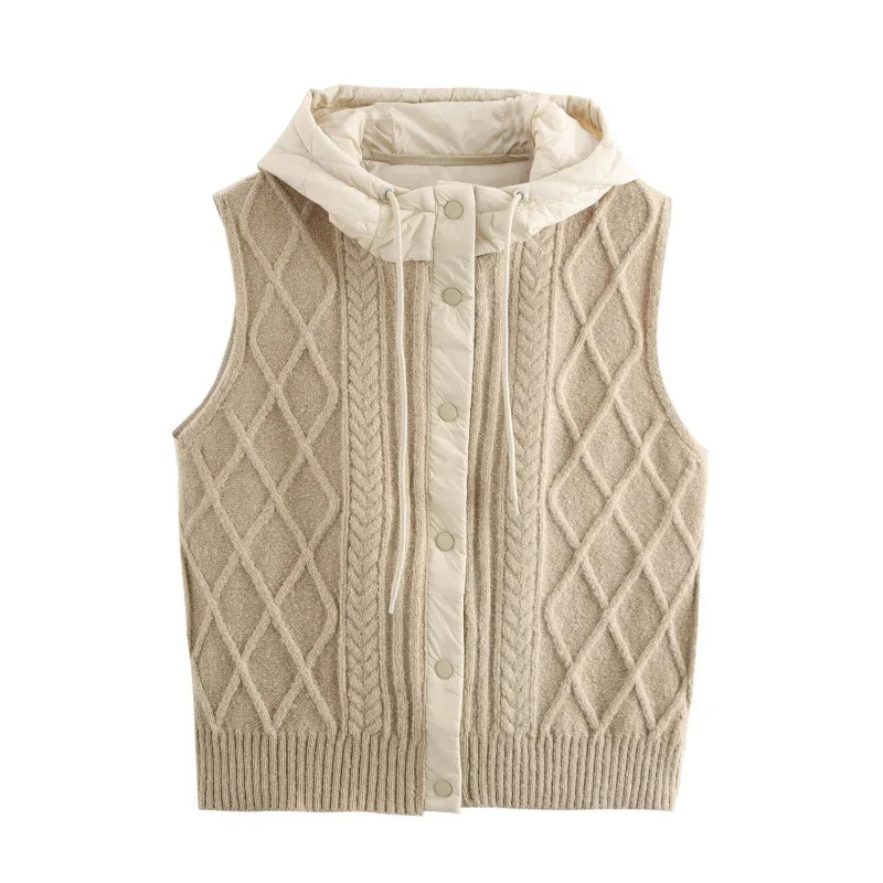 Nigikala Nigikala Women's 2025 Winter Fashion Vintage Vintage Vintage Cotton Stitched Knitted Hooded Vest Vest
