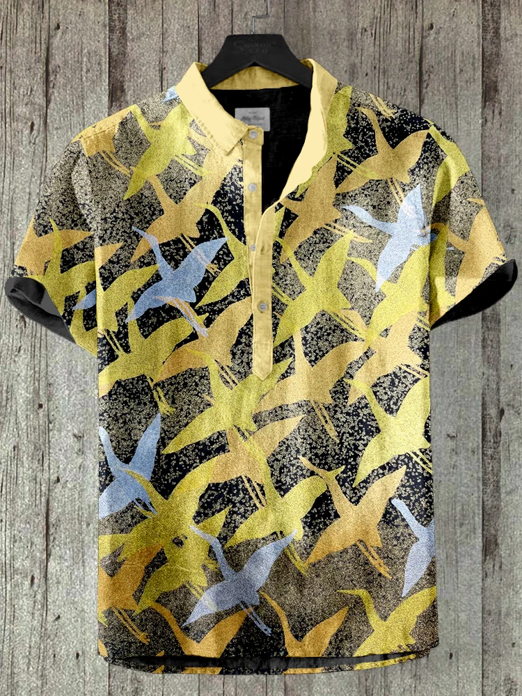 Flocking Golden Cranes Japanese Art Linen Blend Shirt