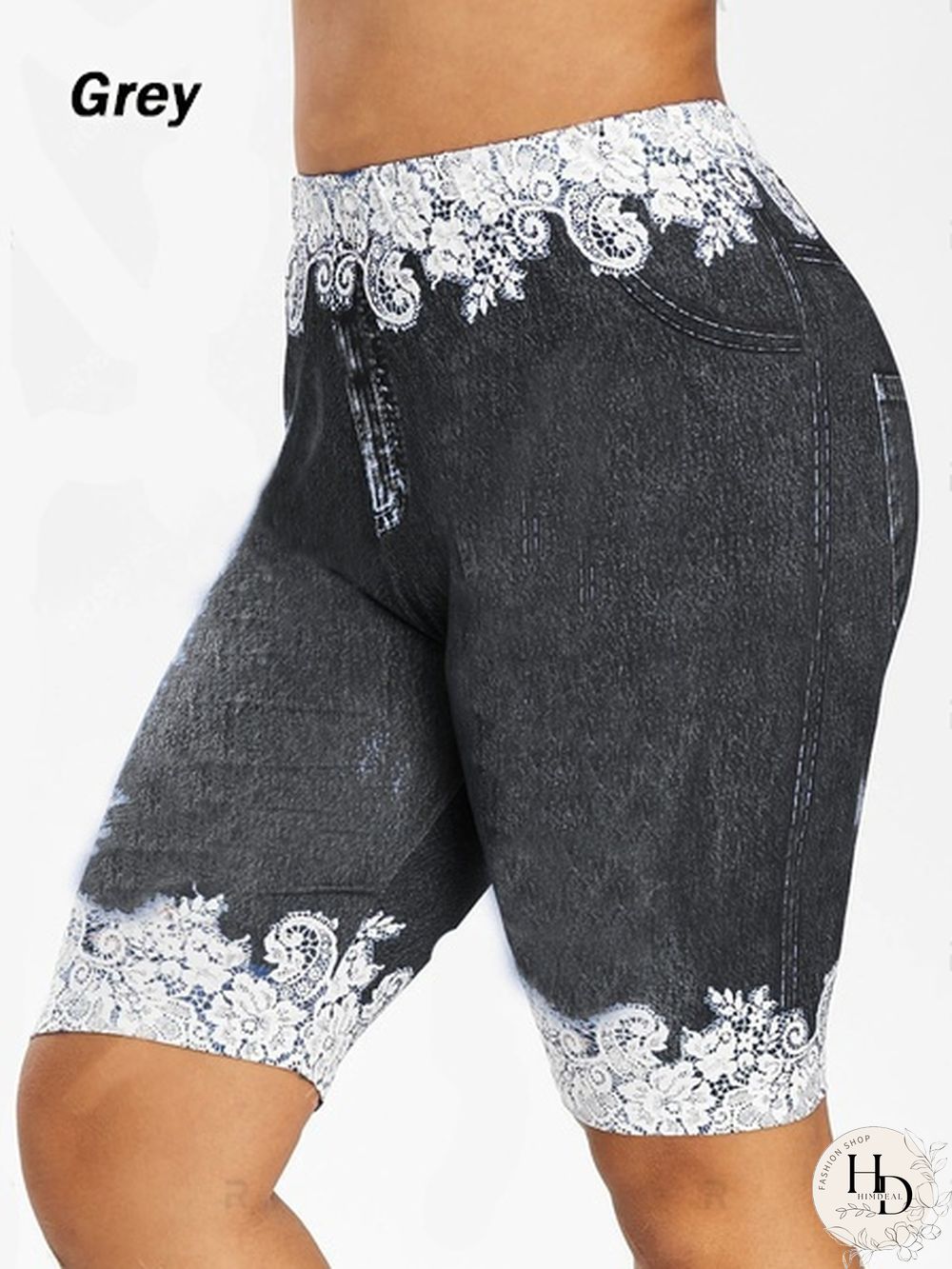 Womens Fashion New Plus Size Denim Leggings Summer Floral Printed Shorts Fitted Faux Jean
