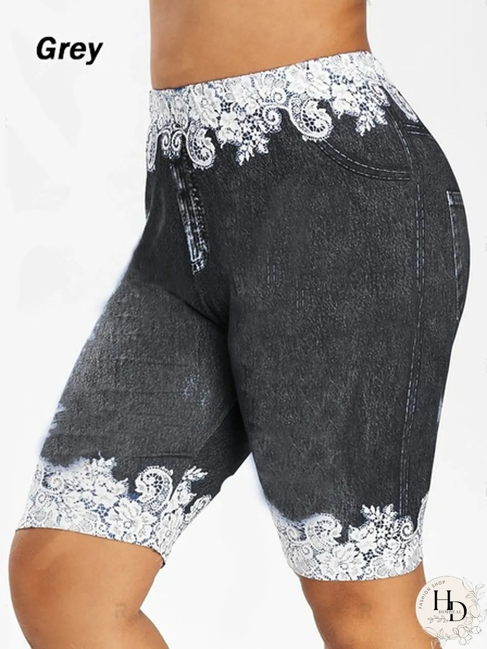 Womens Fashion New Plus Size Denim Leggings Summer Floral Printed Shorts Fitted Faux Jean