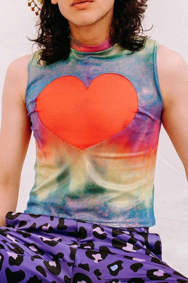 Rainbow Patchwork Heart Cutout Mock Neck Slim Fit Festival Tank Top