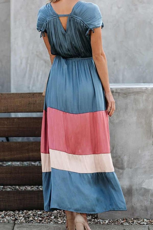 Womens Orienial Colorful Contrast V Neck Dress-Allyzone-Allyzone