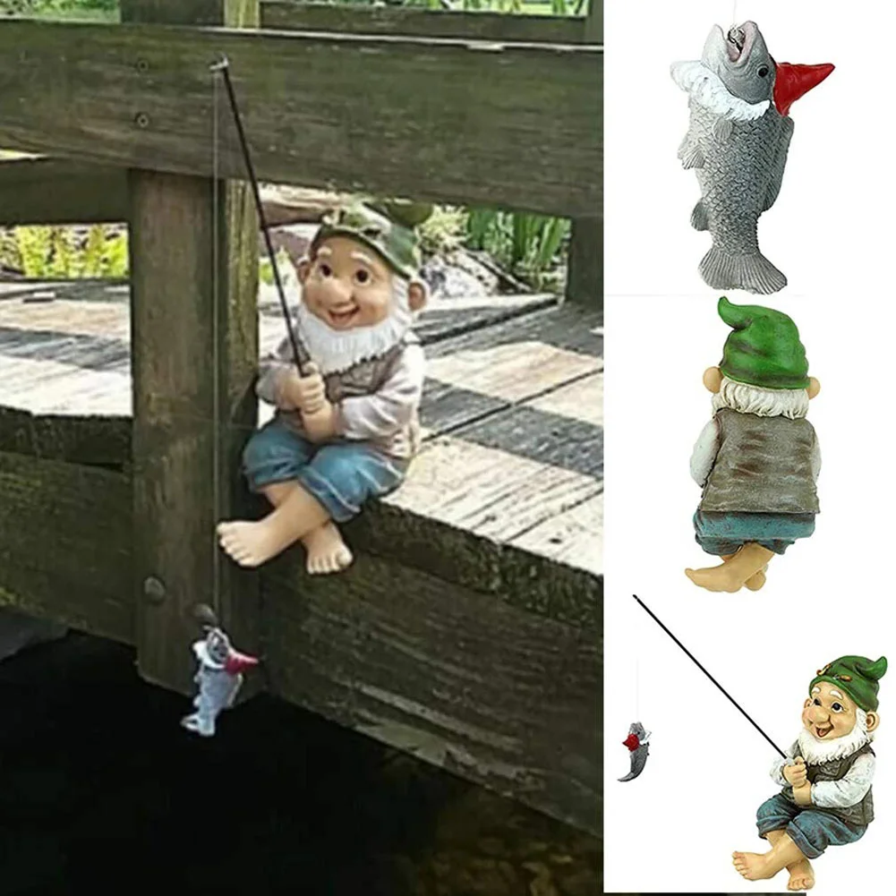 Garden Gnome Statue Resin Fishing Dwarf Elf Figurines Yard Lawn Outdoor
