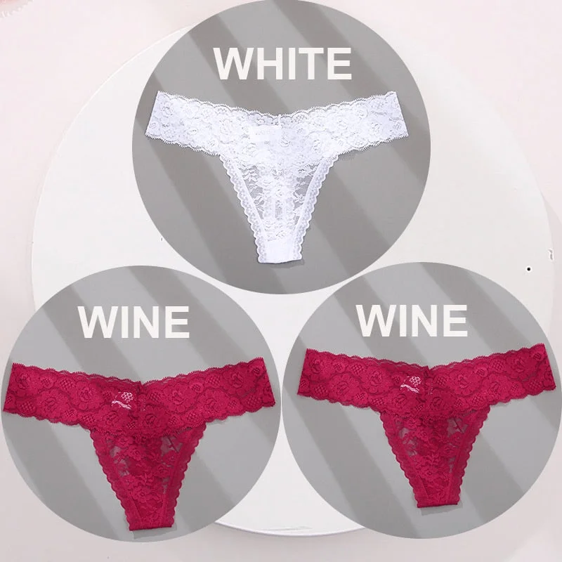 FINETOO 3PCS/Set M-XL G-string Thong Panties for Woman Sexy Lace Floral Underwear Transparent Women's Underpants Female Lingerie