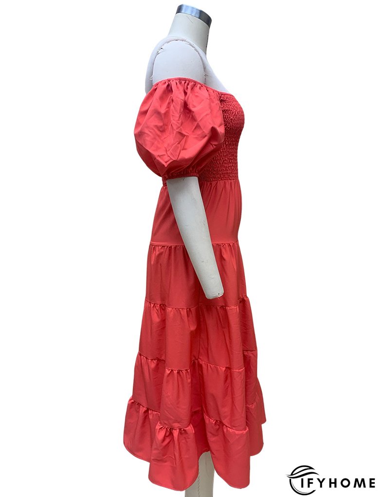 Summer Women's Fashion Loose Off Shoulder Puff Sleeve A-Line Midi Dress | IFYHOME