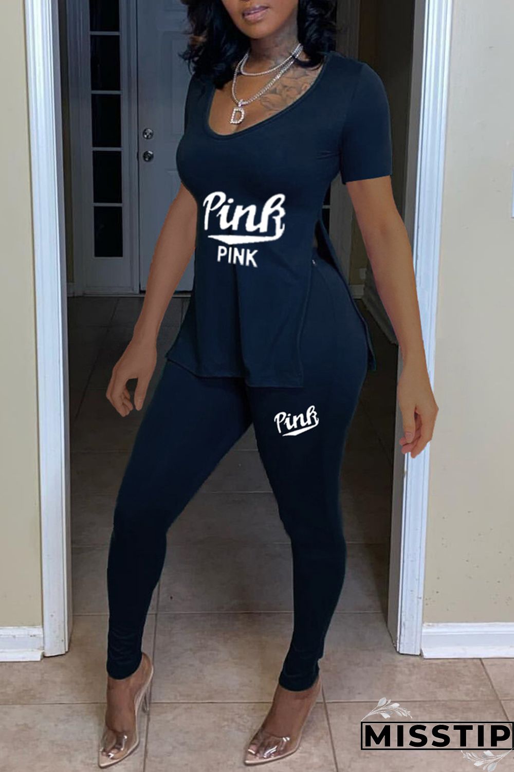 Peacock Blue Fashion Casual Letter Print Slit O Neck Short Sleeve Two Pieces