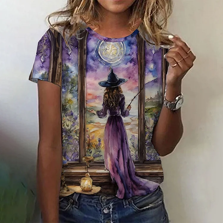 Comstylish Women's Lavender Witch Casting a Spell Print T-Shirt