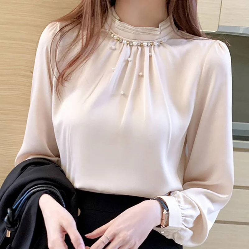 Blouses Long Sleeve Blouse Women Blusas Mujer De Moda 2021 Beading Stand Collar Chiffon Blouse Shirt Women Tops Blusas D537