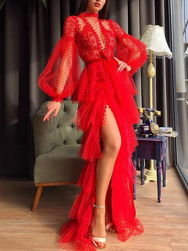 Women's Sheath Dress Maxi Long Dress Red Long Sleeve Solid Color Split Lace Up Mesh Fall Turtleneck Elegant Sexy 2021 S M L XL