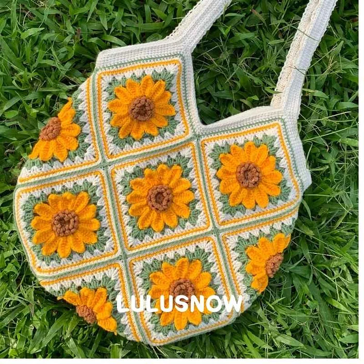 Lulusnow Handmade White 3D Sunflower Granny Square Crochet Shoulder Bag  Gift Christmas/Valentine's/Easter