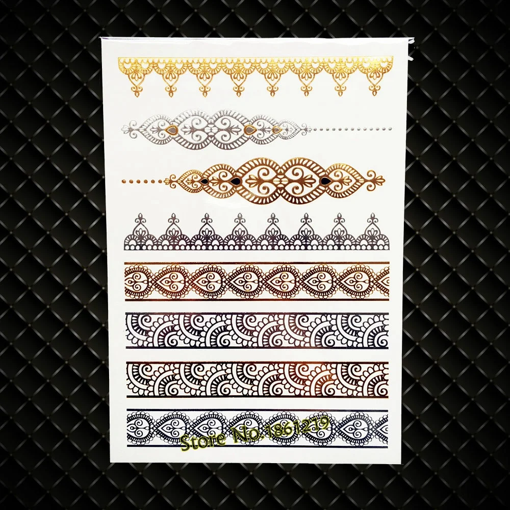 Sdrawing Shiny Metallic Tattoo Henna Gold Flower Body Art GCT166 Silver Lace Feather Tattoo Bracelet Flash Temporary Tattoo Stickers