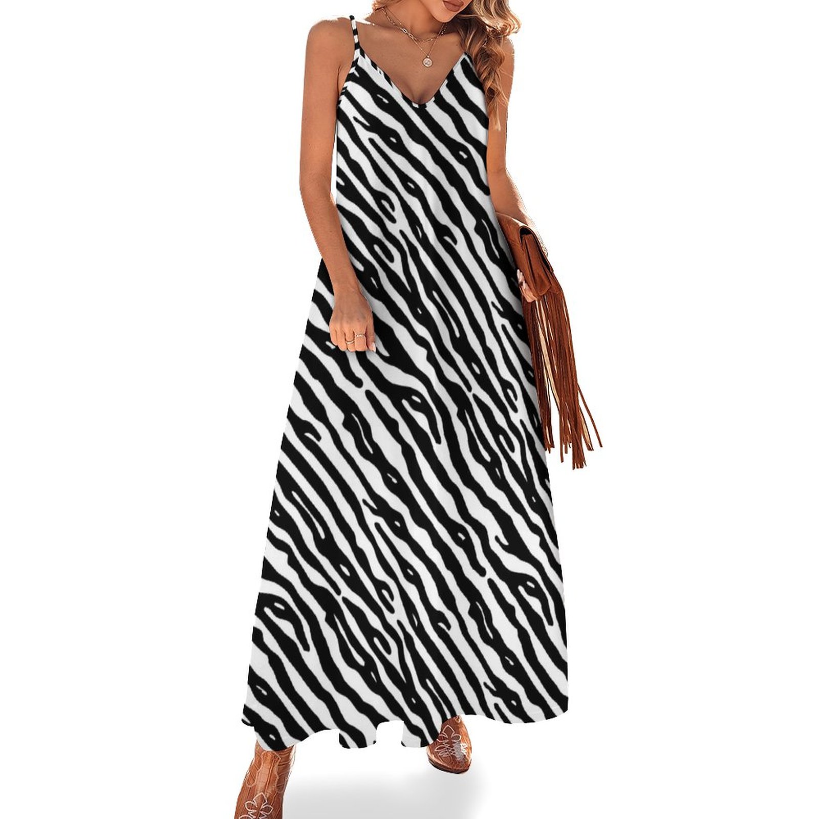 Zebra Stripes Black White Animal Print Sleeveless Spaghetti Strap Maxi Cami Dress