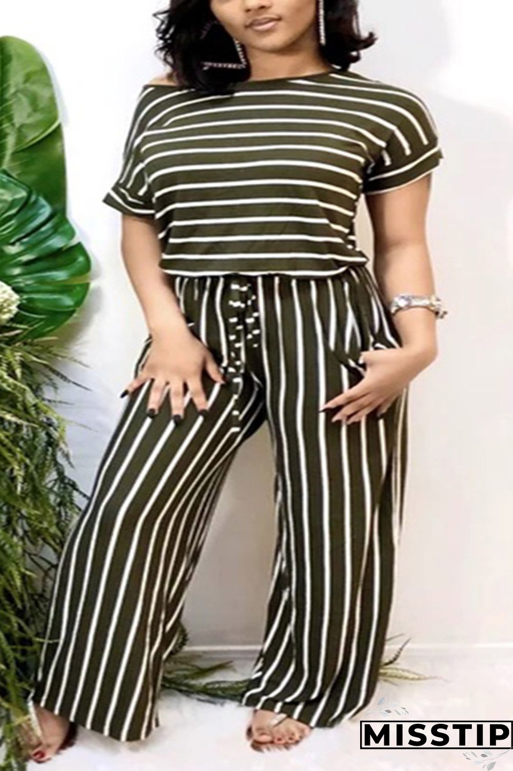 Light Blue Sexy O Neck Striped Print Stripe Plus Size