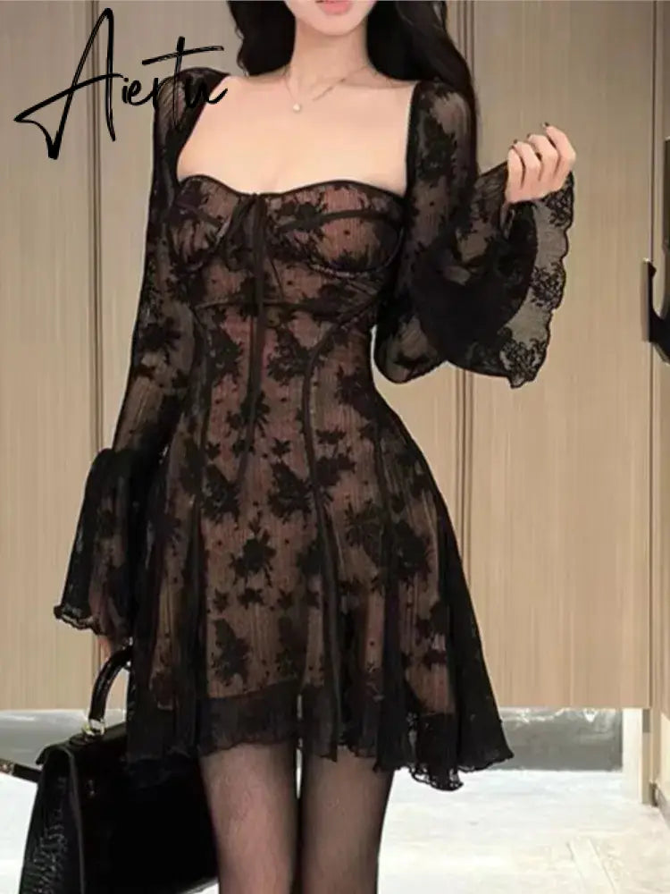 Aiertu French Sexy Lace Mini Dress Women Y2K Off Shoulder Lace Up Ruffles A-line Autumn Spring Long Sleeve Party Dress Prom Vestidos Aiertu
