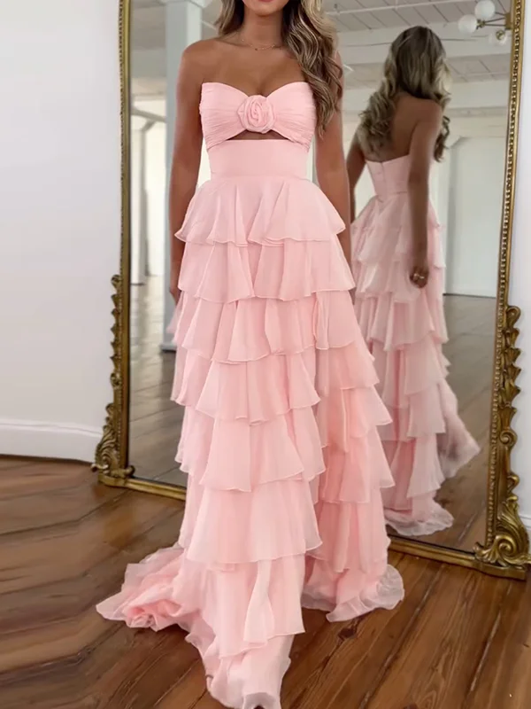 Solid Color Sleeveless Tube Ruffled Evening Gauze Maxi Dresses