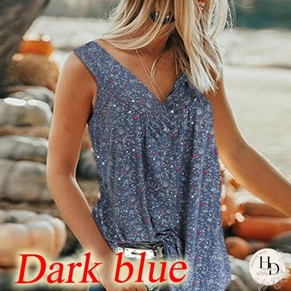 XS-8XL Plus Size Sleeveless Summer Tops Fashion Clothes Women's Casual Floral Printed Blouses Ladies Beach Wear Pleated Shirts Deep V-neck Tank Tops