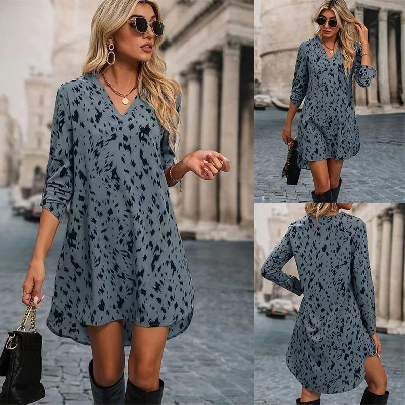 Mature Ladies Leopard Print Fashion Stand Collar Long Sleeve Dress
